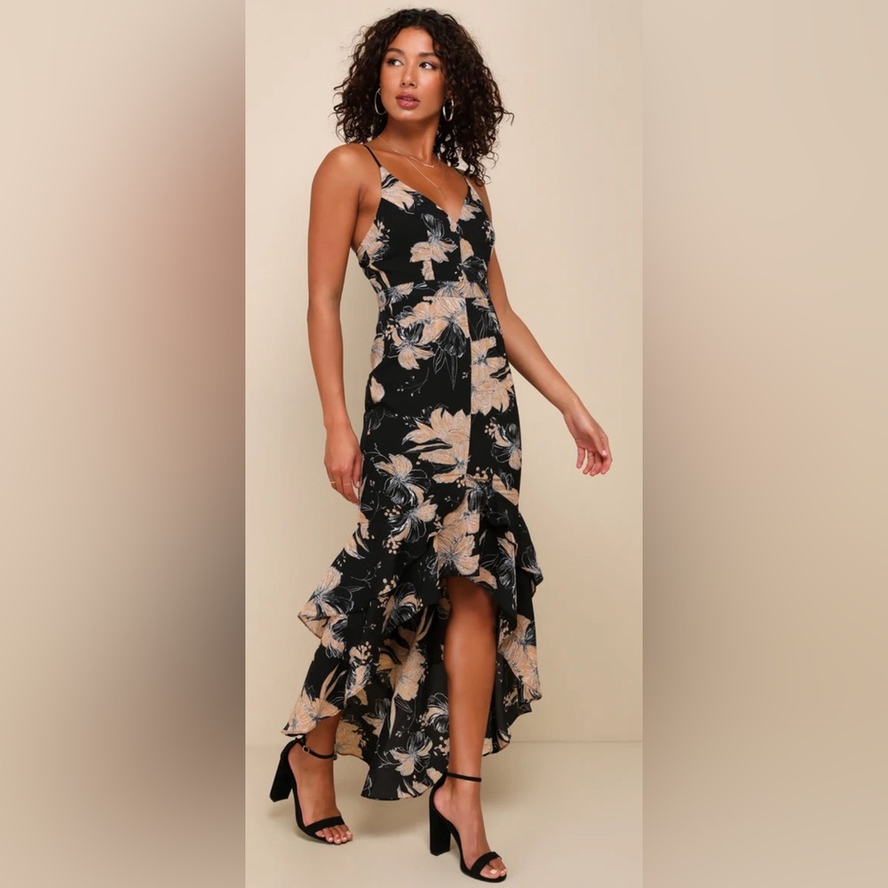Darling Daylily Black Floral Print High-Low Maxi Dress